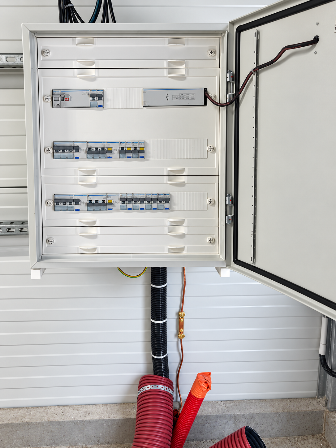 Armoire de distribution électrique ouverte dans un bâtiment industriel