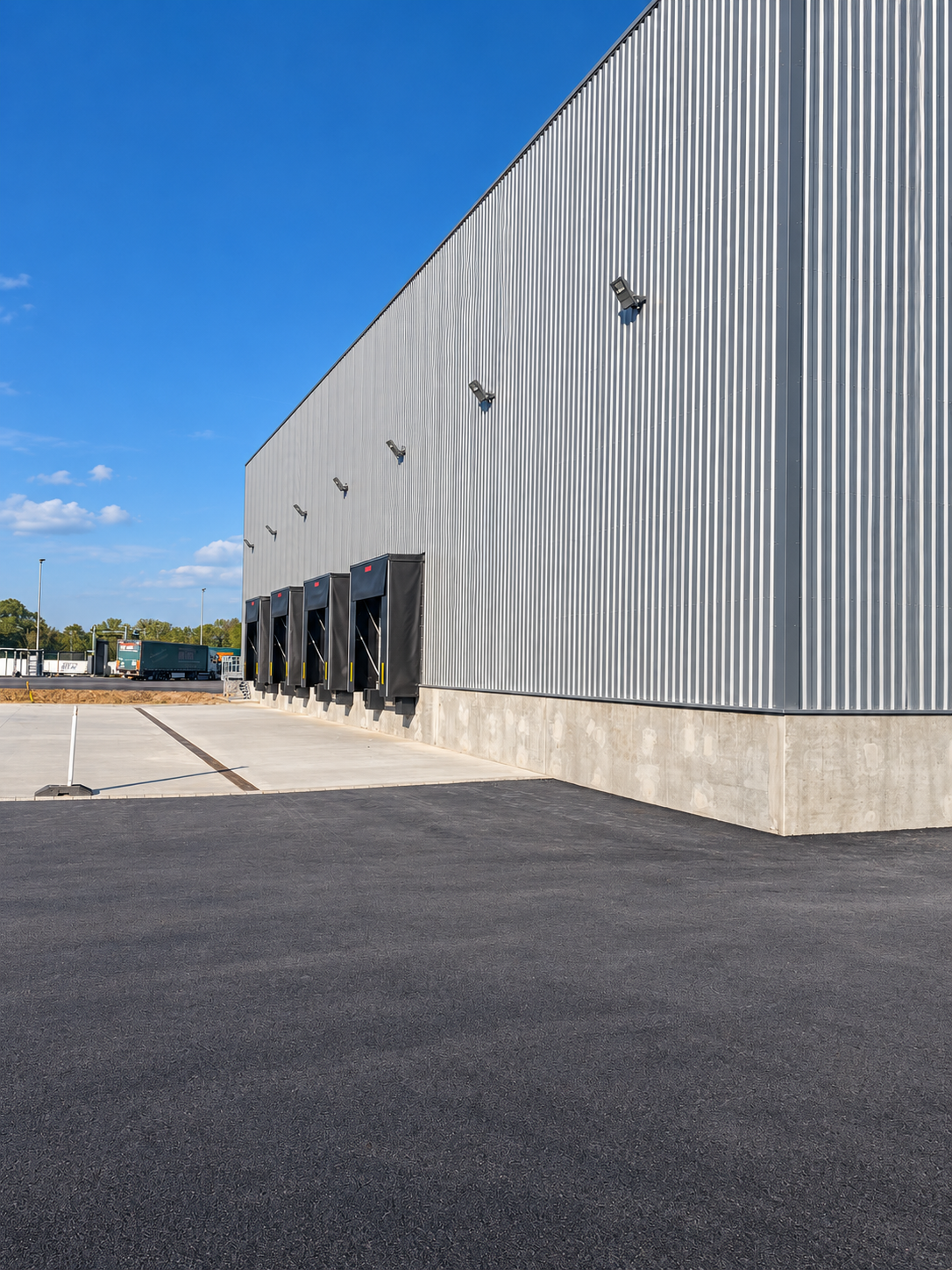 Façade d’un entrepôt avec projecteurs au-dessus des quais